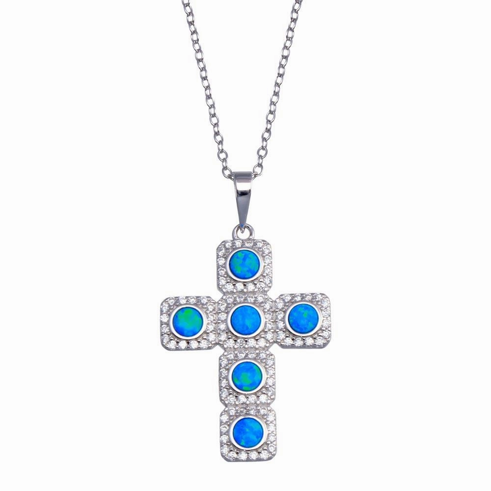 925 Sterling Silver  Rhodium Plated Cross Blue and Clear CZ Necklace - BGP01386
