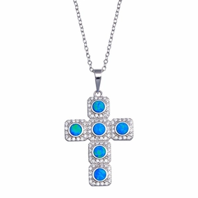 925 Sterling Silver  Rhodium Plated Cross Blue and Clear CZ Necklace - BGP01386