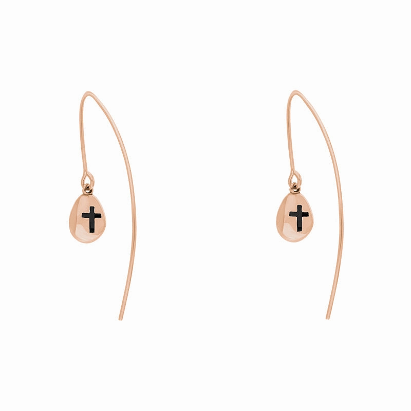 9ct Rose Gold Whitby Jet Cross Disc Drop Earrings