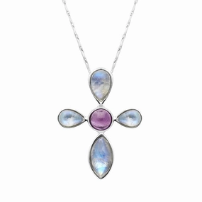 9ct White Gold Amethyst Moonstone Cross Style Necklace D