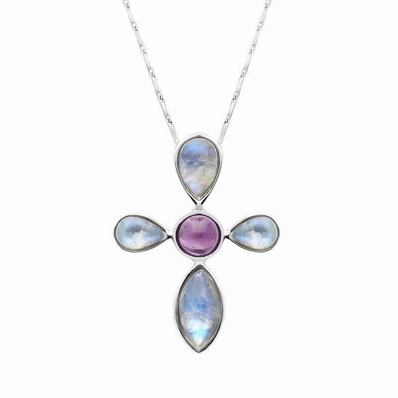 9ct White Gold Amethyst Moonstone Cross Style Necklace D