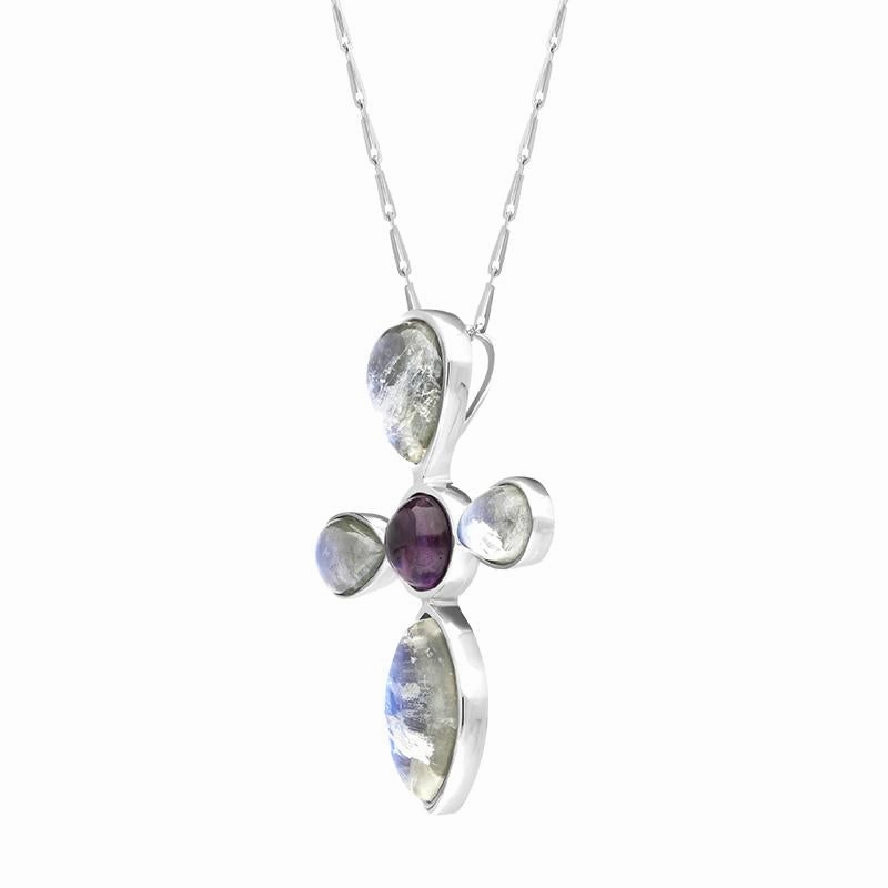 9ct White Gold Amethyst Moonstone Cross Style Necklace D