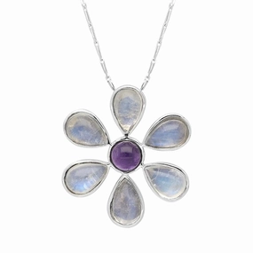 9ct White Gold Amethyst Moonstone Six Petal Flower Necklace D
