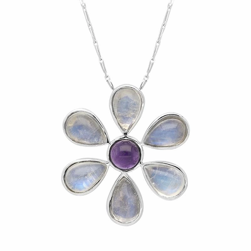 9ct White Gold Amethyst Moonstone Six Petal Flower Necklace D