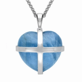 9ct White Gold Aquamarine Large Cross Heart Necklace
