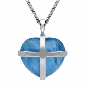 9ct White Gold Aquamarine Medium Cross Heart Necklace