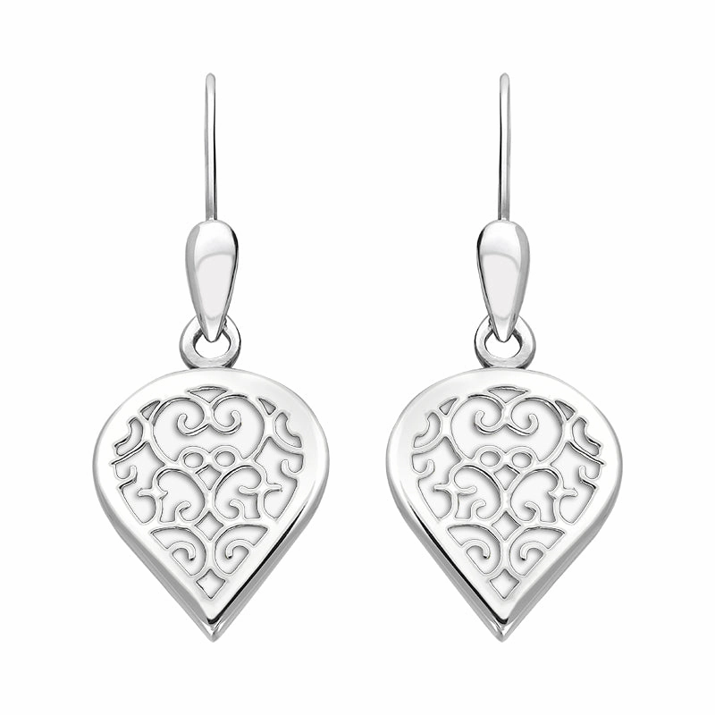 9ct White Gold Bauxite Flore Filigree Heart Drop Earrings