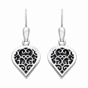 9ct White Gold Blue Goldstone Flore Filigree Heart Drop Earrings