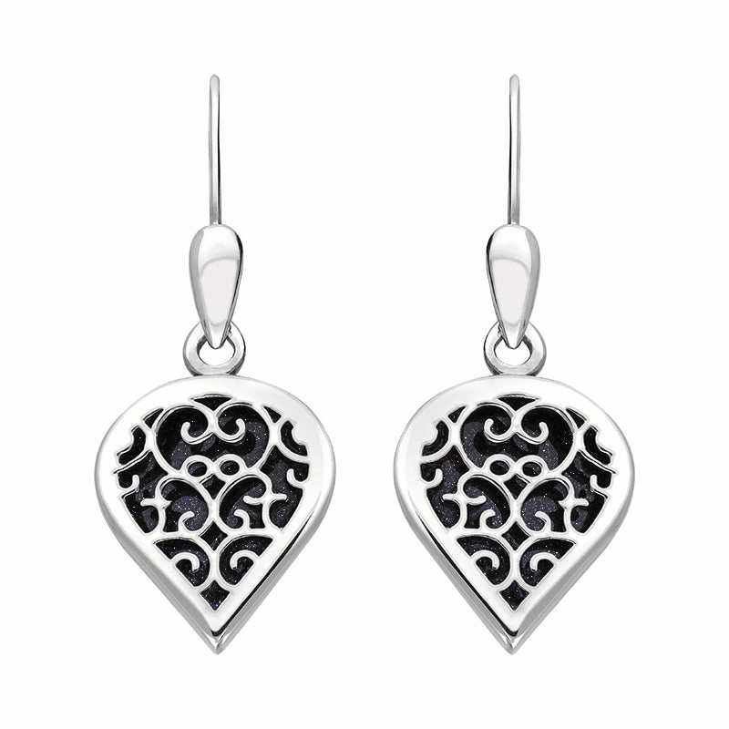 9ct White Gold Blue Goldstone Flore Filigree Heart Drop Earrings