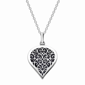 9ct White Gold Blue Goldstone Flore Filigree Medium Heart Necklace