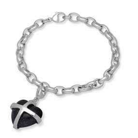 9ct White Gold Blue Goldstone Large Cross Heart Charm Bracelet