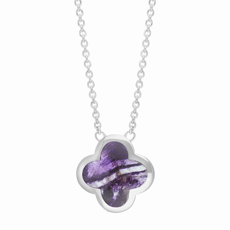 9ct White Gold Blue John Bloom Large Four Leaf Clover Polished Edge Pendant
