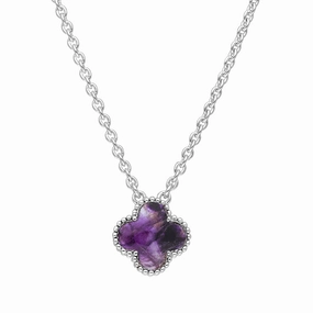 9ct White Gold Blue John Bloom Small Four Leaf Clover Ball Edge Chain Necklet