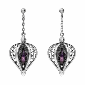 9ct White Gold Blue John Flore Filigree Drop Earrings