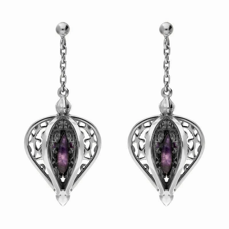 9ct White Gold Blue John Flore Filigree Drop Earrings