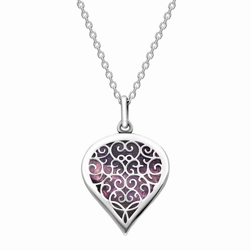 9ct White Gold Blue John Flore Filigree Medium Heart Necklace