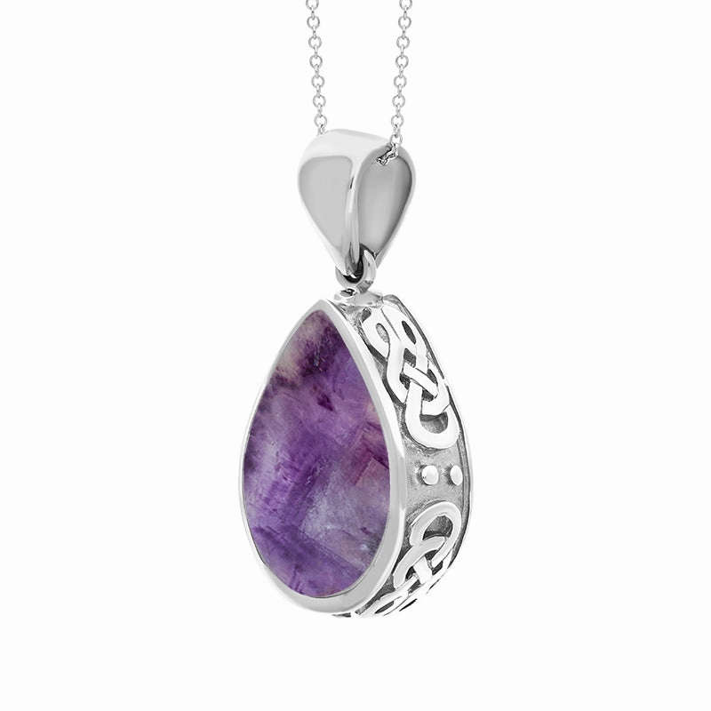 9ct White Gold Blue John Mother Of Pearl Double Sided Celtic Pear Cut Fob Necklace