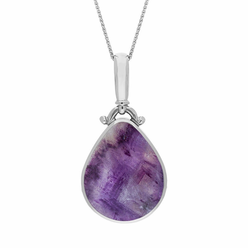 9ct White Gold Blue John Mother of Pearl Double Sided Pear Fob Necklace