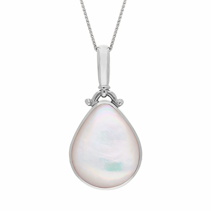 9ct White Gold Blue John Mother of Pearl Double Sided Pear Fob Necklace