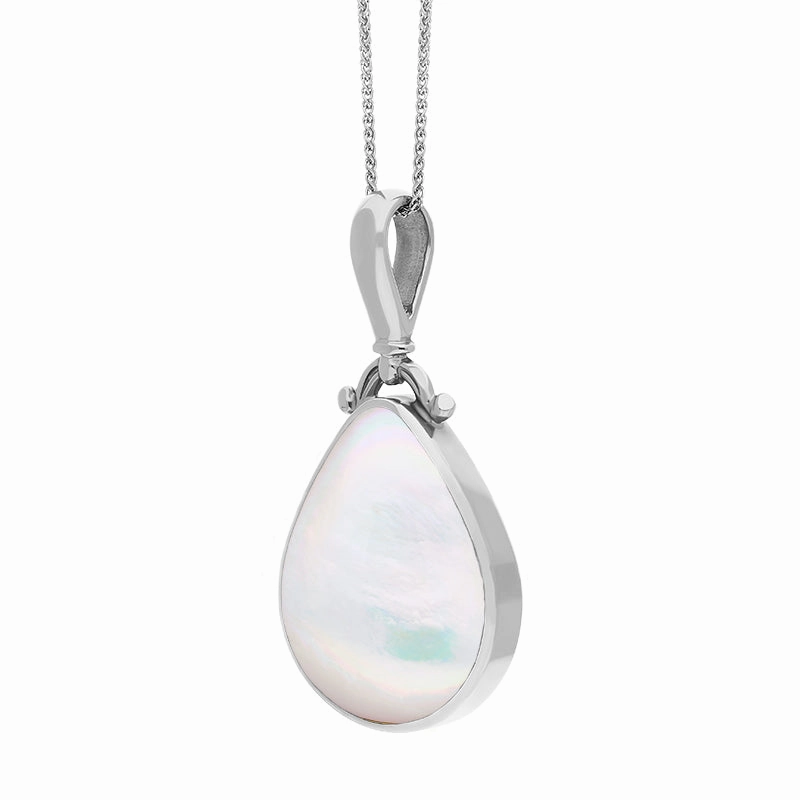 9ct White Gold Blue John Mother of Pearl Double Sided Pear Fob Necklace