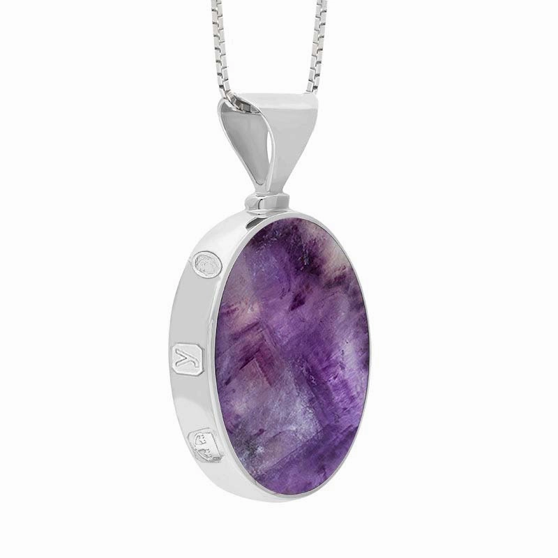 9ct White Gold Blue John Mother of Pearl King's Coronation Hallmark Double Sided Oval Necklace D
