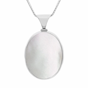 9ct White Gold Blue John Mother of Pearl King's Coronation Hallmark Double Sided Oval Necklace D