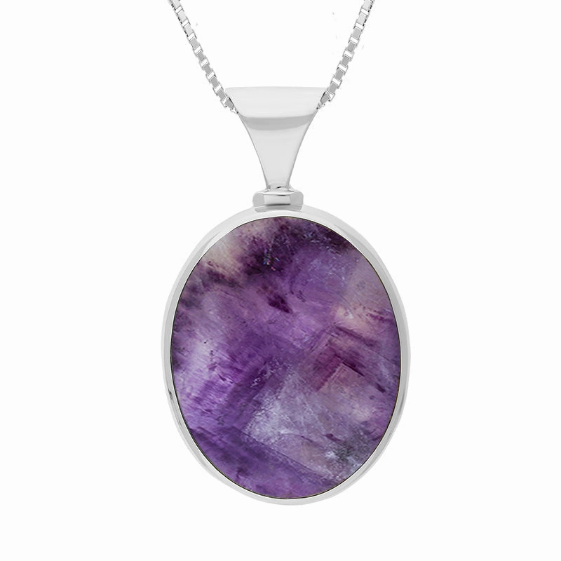 9ct White Gold Blue John Mother of Pearl King's Coronation Hallmark Double Sided Oval Necklace D