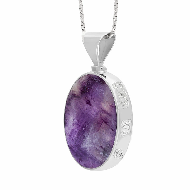 9ct White Gold Blue John Mother of Pearl King's Coronation Hallmark Double Sided Oval Necklace D