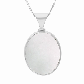 9ct White Gold Blue John Mother of Pearl King's Coronation Hallmark Double Sided Oval Necklace D