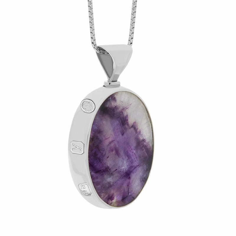 9ct White Gold Blue John Mother of Pearl King's Coronation Hallmark Double Sided Oval Necklace D