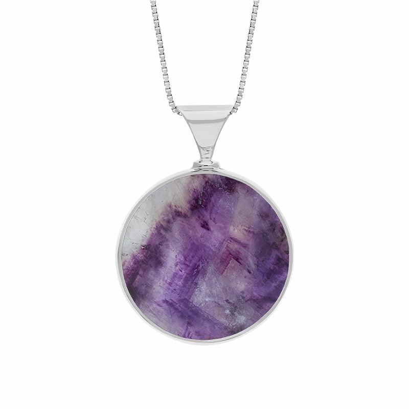 9ct White Gold Blue John Mother of Pearl King's Coronation Hallmark Double Sided Round Necklace D
