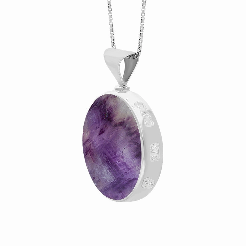 9ct White Gold Blue John Mother of Pearl King's Coronation Hallmark Double Sided Round Necklace D