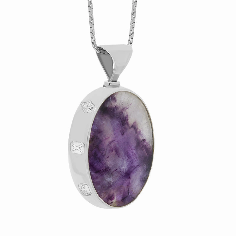 9ct White Gold Blue John Mother of Pearl Queens Jubilee Hallmark Double Sided Oval Necklace D