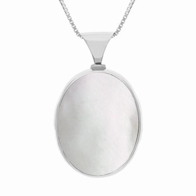 9ct White Gold Blue John Mother of Pearl Queens Jubilee Hallmark Double Sided Oval Necklace D