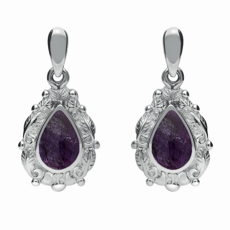 9ct White Gold Blue John Pear Shaped Leaf Drop Earrings