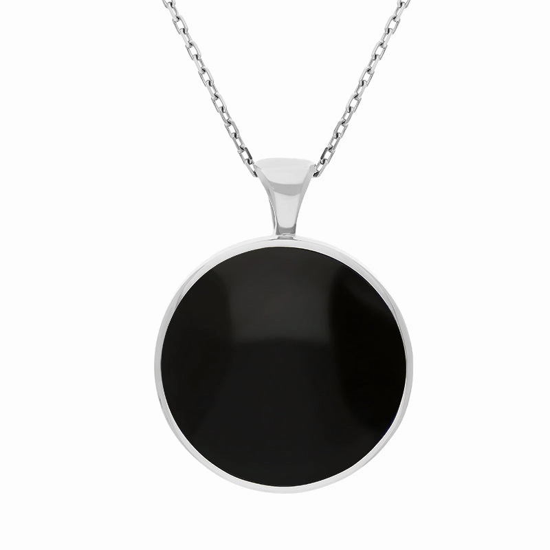 9ct White Gold Blue John Whitby Jet Large Double Sided Round Fob Necklace