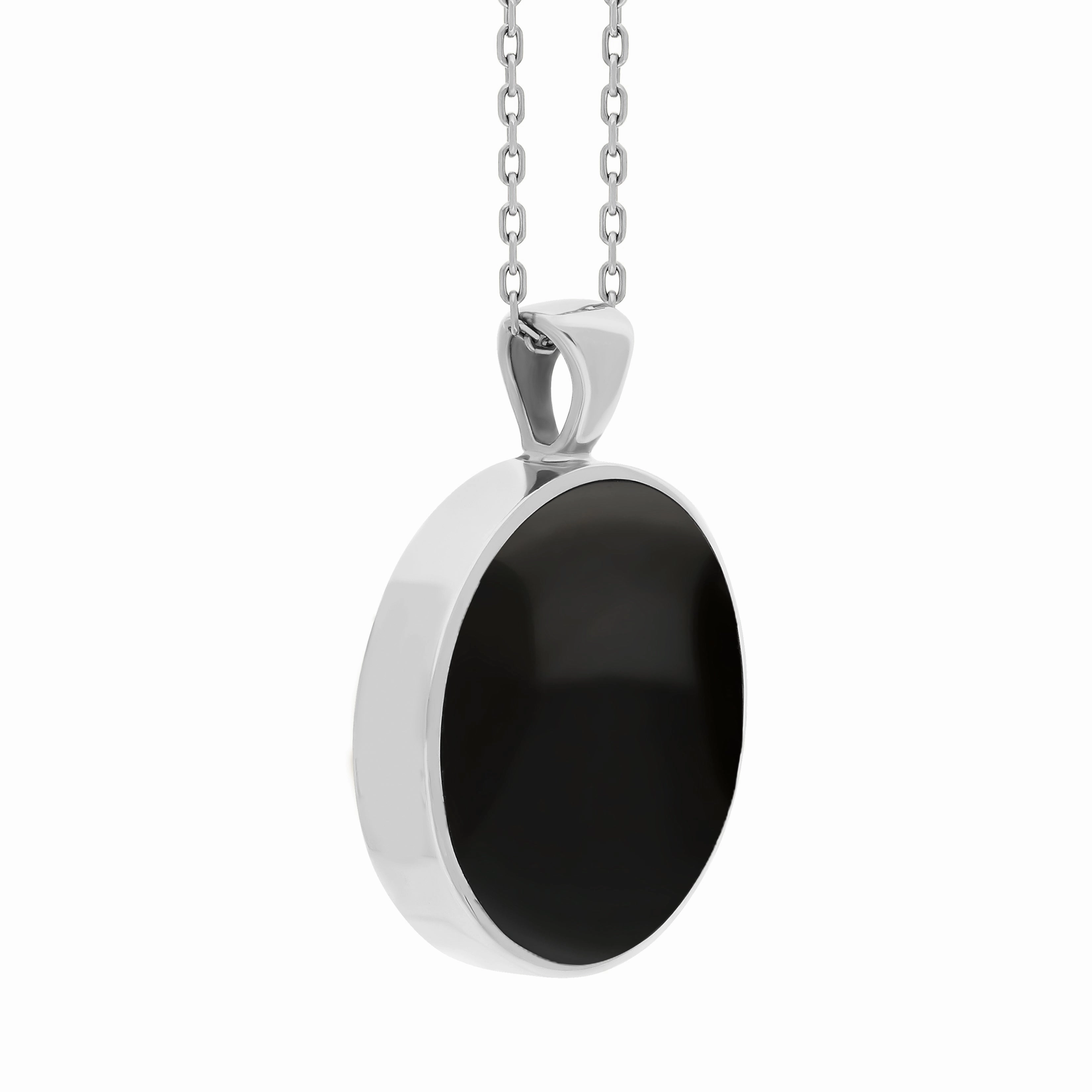 9ct White Gold Blue John Whitby Jet Large Double Sided Round Fob Necklace