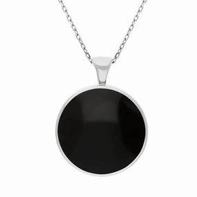 9ct White Gold Blue John Whitby Jet Large Double Sided Round Fob Necklace