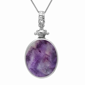 9ct White Gold Blue John White Mother Of Pearl Double Sided Oval Fob Necklace