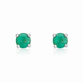 9ct White Gold Emerald 4mm Round Claw Set Stud Earrings