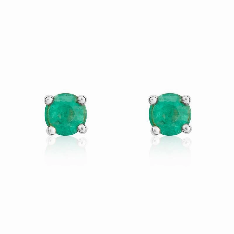 9ct White Gold Emerald 4mm Round Claw Set Stud Earrings