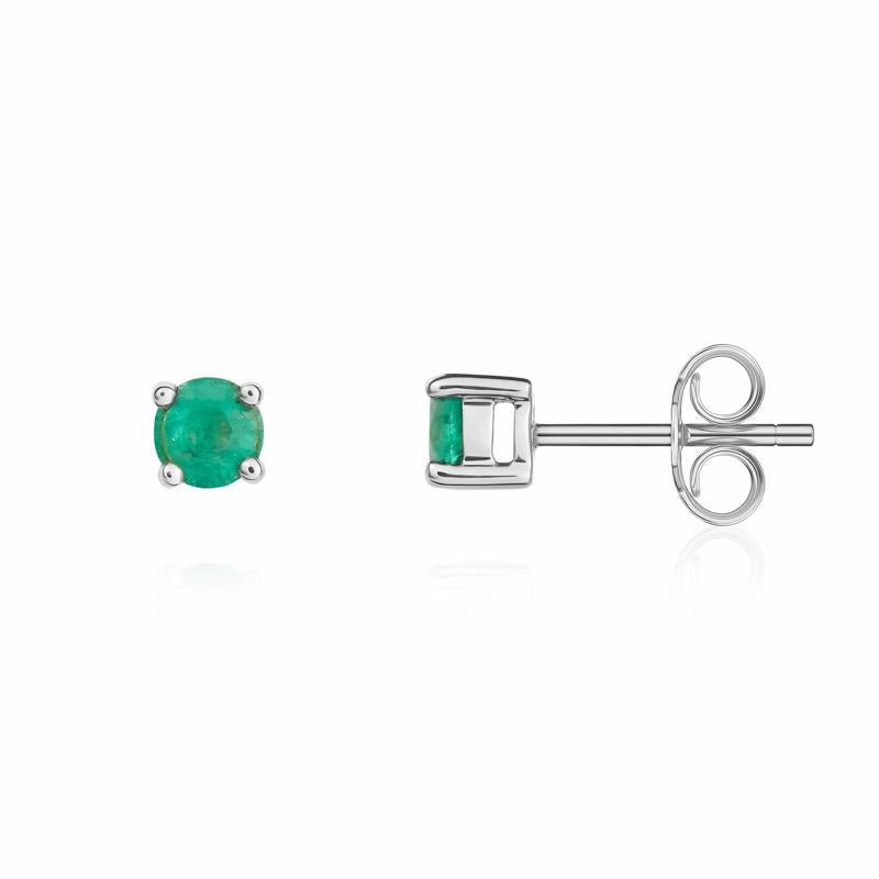 9ct White Gold Emerald 4mm Round Claw Set Stud Earrings