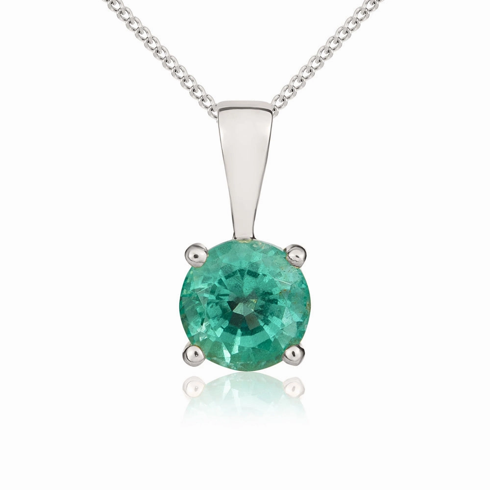 9ct White Gold Emerald 5mm Round Claw Set Necklace