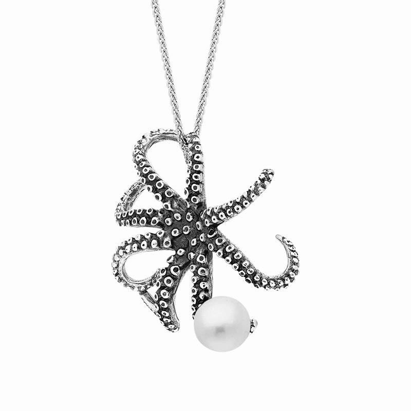 9ct White Gold Freshwater Pearl Bead Octopus Necklace
