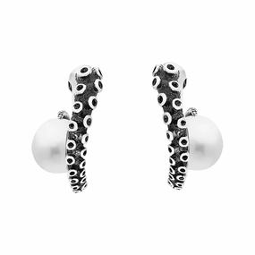 9ct White Gold Freshwater Pearl Tentacle Hoop Earrings
