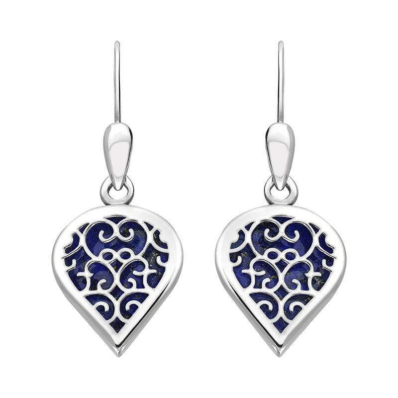 9ct White Gold Lapis Lazuli Flore Filigree Heart Drop Earrings