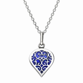 9ct White Gold Lapis Lazuli Flore Filigree Small Heart Necklace