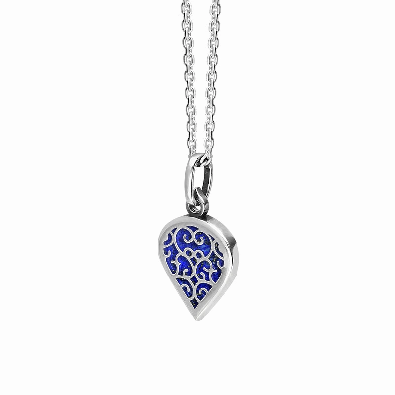 9ct White Gold Lapis Lazuli Flore Filigree Small Heart Necklace