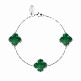 9ct White Gold Malachite Bloom Four Leaf Clover Ball Edge Chain Bracelet
