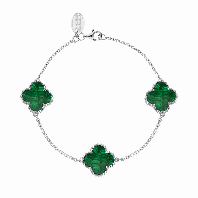 9ct White Gold Malachite Bloom Four Leaf Clover Ball Edge Chain Bracelet
